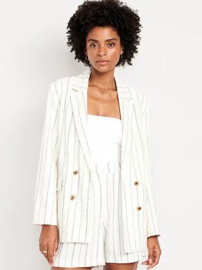 Old Navy Double-Breasted Linen-Blend Blazer, Navy Stripe, Size Small